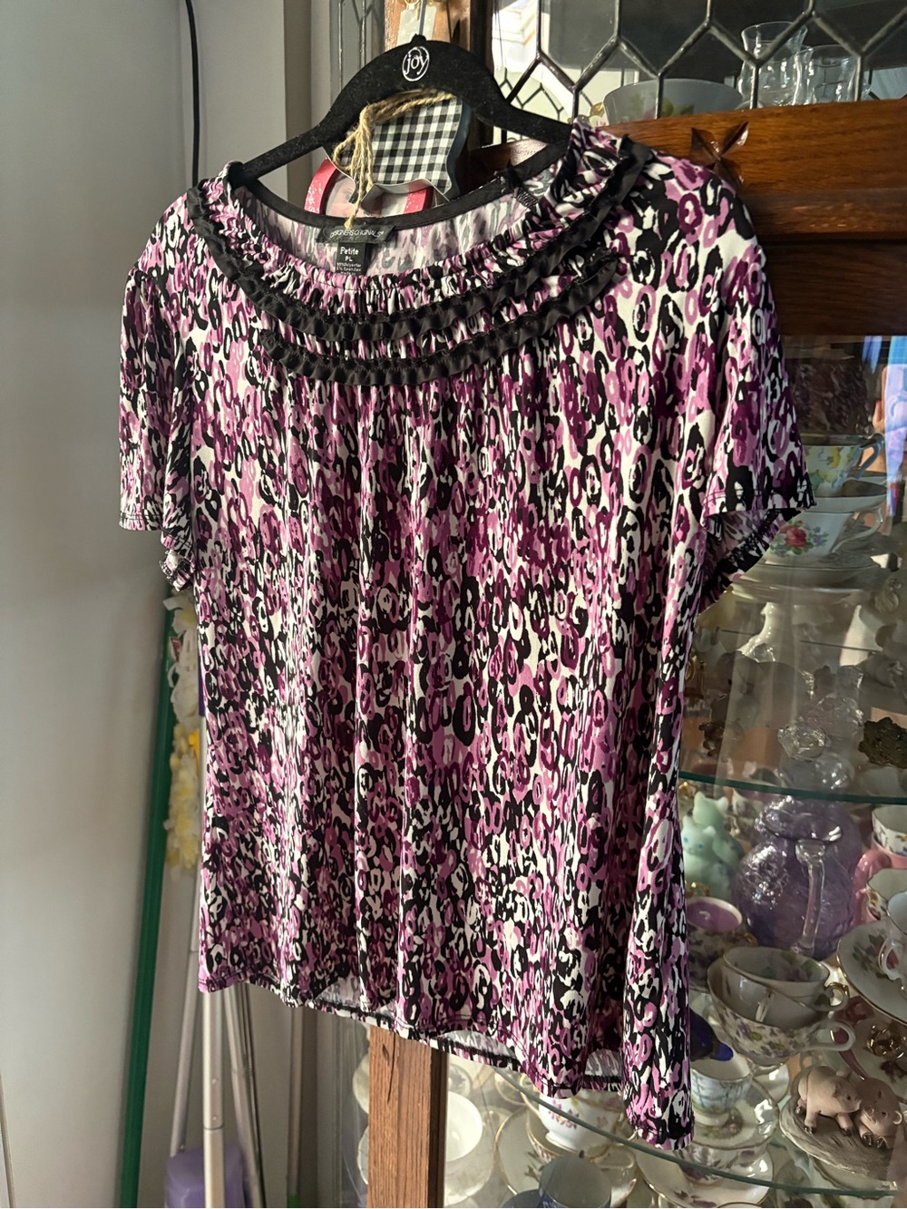 Designers Originals Purple Black and White Leopard Print Short Sleeve Top